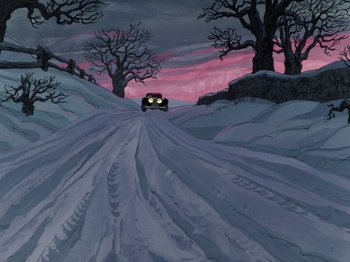 Movie still from “One Hundred and One Dalmatians” (1961), directed by Wolfgang Reitherman – A car driving down a snowy road at night; Extreme Wide shot, Low angle