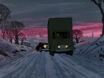 Movie still from “One Hundred and One Dalmatians” (1961), directed by Wolfgang Reitherman – A truck and a car on a snowy road at dusk; Extreme Wide shot, Low angle