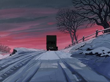 Movie still from “One Hundred and One Dalmatians” (1961), directed by Wolfgang Reitherman – A truck driving down a snowy road near a tree; Extreme Wide shot, Low angle