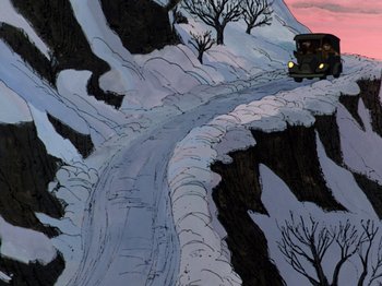 Movie still from “One Hundred and One Dalmatians” (1961), directed by Wolfgang Reitherman – An animated car driving down a snowy mountain road; Extreme Wide shot, High angle