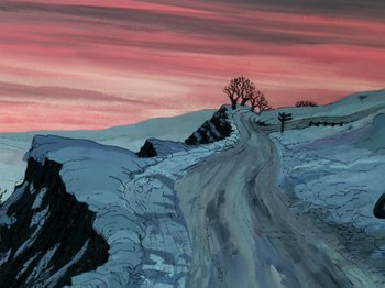 Movie still from “One Hundred and One Dalmatians” (1961), directed by Wolfgang Reitherman – A painting of a road going through a snowy field; Extreme Wide shot, Low angle
