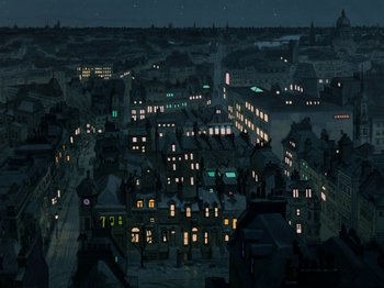 Movie still from “One Hundred and One Dalmatians” (1961), directed by Wolfgang Reitherman – An aerial view of a city at night with lights on; Extreme Wide shot, High angle