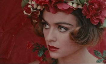Movie still from “One Hundred and One Nights” (1995), directed by Agnès Varda – A person wearing a flower crown; Close Up shot, Overhead angle