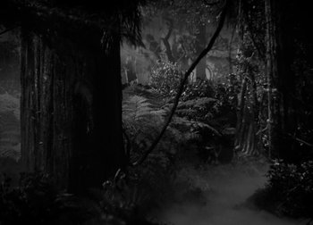 Movie still from “One Million B.C.” (1940), directed by Hal Roach Jr. – A black - and - white photo of trees and bushes in a forest; Extreme Wide shot, High angle