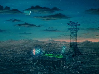 Movie still from “One from the Heart” (1981), directed by Francis Ford Coppola – An oil rig in the middle of a desert at night; Extreme Wide shot, High angle