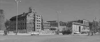 Movie still from “One, Two, Three” (1961), directed by Billy Wilder – A black and white photo of an abandoned city; Extreme Wide shot, Low angle