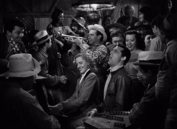 Movie still from “Only Angels Have Wings” (1939), directed by Howard Hawks – A group of people that are in a room together; Wide shot, High angle