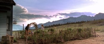 Movie still from “Open Range” (2003), directed by Kevin Costner – A woman standing in front of a fence with a mountain in the background; Extreme Wide shot, Low angle