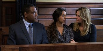 Movie still from “13 Reasons Why” (2017), created by Brian Yorkey – A man and two women sitting in front of a judge; Medium shot, Over the shoulder angle