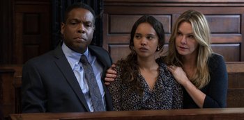 Movie still from “13 Reasons Why” (2017), created by Brian Yorkey – A man and two women standing in front of a judge; Medium shot, Over the shoulder angle