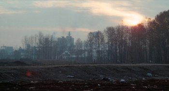 Movie still from “Out of the Blue” (1980), directed by Dennis Hopper – A person standing on top of a dirt field near trees; Extreme Wide shot, Low angle