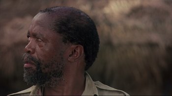 Movie still from “Outbreak” (1995), directed by Wolfgang Petersen – A person with a beard looking up; Close Up shot, Low angle