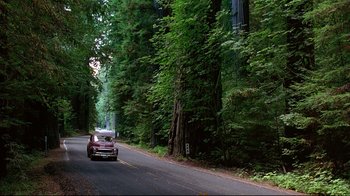 Movie still from “Outbreak” (1995), directed by Wolfgang Petersen – A car driving down a road surrounded by tall trees; Extreme Wide shot, High angle