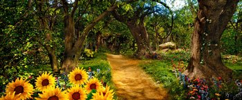 Movie still from “Oz the Great and Powerful” (2013), directed by Sam Raimi – A dirt path through the woods with sunflowers in the background; Extreme Wide shot, High angle