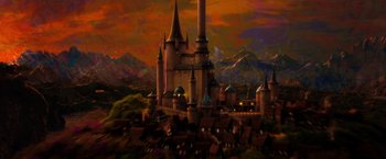 Movie still from “Oz the Great and Powerful” (2013), directed by Sam Raimi – An artistic painting of a castle in the middle of the night; Extreme Wide shot, High angle