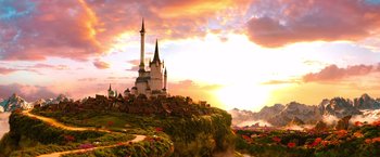 Movie still from “Oz the Great and Powerful” (2013), directed by Sam Raimi – An image of a castle in the middle of the day; Extreme Wide shot, Low angle
