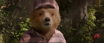 Movie still from “Paddington 2” (2017), directed by Paul King – A brown bear wearing a pink shirt and a hat; Close Up shot, Low angle