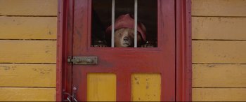 Movie still from “Paddington 2” (2017), directed by Paul King – A brown bear wearing a red hat looking through a window; Close Up shot, Low angle