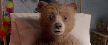 Movie still from “Paddington 2” (2017), directed by Paul King – A brown teddy bear with a white nose and brown eyes; Close Up shot, Overhead angle