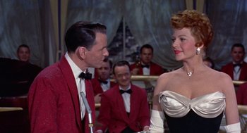 Movie still from “Pal Joey” (1957), directed by George Sidney – A man and a woman are talking to each other; Medium shot, Over the shoulder angle