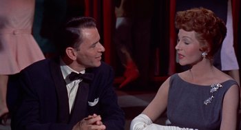 Movie still from “Pal Joey” (1957), directed by George Sidney – A man and a woman sitting next to each other; Medium shot, Over the shoulder angle
