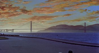 Movie still from “Pal Joey” (1957), directed by George Sidney – A painting of a bridge and a body of water; Extreme Wide shot, Low angle