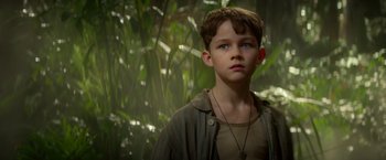 Movie still from “Pan” (2015), directed by Joe Wright – A young boy with blue eyes standing in a forest; Close Up shot, High angle