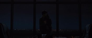 Movie still from “Paper Towns” (2015), directed by Jake Schreier – A man and a woman kissing in front of a large window; Medium shot, Over the shoulder angle