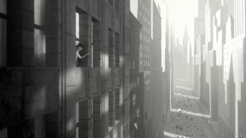 Movie still from “Paperman” (2012), directed by John Kahrs – A man standing on a ledge looking out of a window; Extreme Wide shot, Low angle