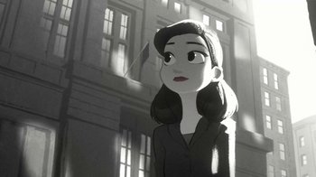 Movie still from “Paperman” (2012), directed by John Kahrs – A cartoon of a woman in front of a building; Close Up shot, Over the shoulder angle