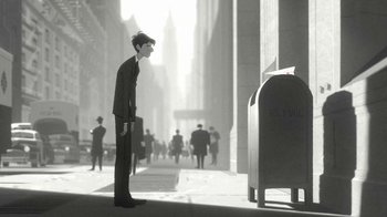 Movie still from “Paperman” (2012), directed by John Kahrs – A man standing in the middle of a street; Wide shot, Low angle
