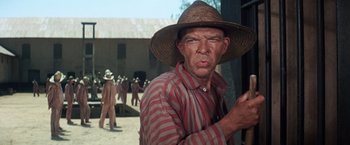 Movie still from “Papillon” (1973), directed by Franklin J. Schaffner – A man in a straw hat and striped shirt; Close Up shot, Low angle