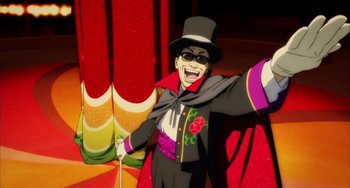 Movie still from “Paprika” (2006), directed by Satoshi Kon – A man in a top hat and a black suit; Medium shot, Low angle