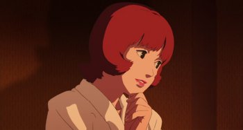 Movie still from “Paprika” (2006), directed by Satoshi Kon – A woman with red hair is looking at the camera; Close Up shot, Over the shoulder angle