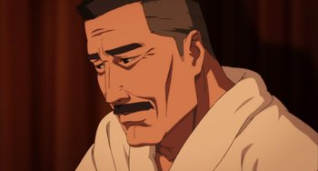 Movie still from “Paprika” (2006), directed by Satoshi Kon – An animated picture of a man with a mustache; Close Up shot, Low angle