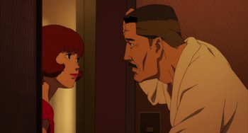 Movie still from “Paprika” (2006), directed by Satoshi Kon – An old man and a young woman looking at each other; Medium shot, Over the shoulder angle
