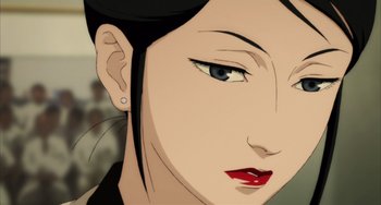Movie still from “Paprika” (2006), directed by Satoshi Kon – A woman's face with a piercing in her ear; Extreme Close Up shot, High angle