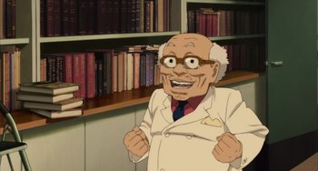 Movie still from “Paprika” (2006), directed by Satoshi Kon – An old man in a white suit standing in front of a book shelf; Medium shot, High angle