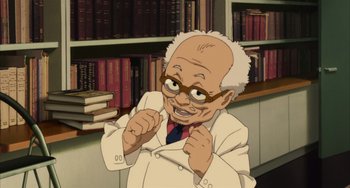 Movie still from “Paprika” (2006), directed by Satoshi Kon – An old man in a lab coat is smiling; Medium shot, High angle