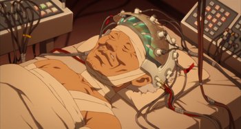 Movie still from “Paprika” (2006), directed by Satoshi Kon – An old man is lying in a bed with wires attached to his head; Medium shot, High angle