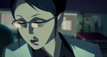 Movie still from “Paprika” (2006), directed by Satoshi Kon – A person wearing glasses; Close Up shot, Low angle