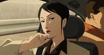 Movie still from “Paprika” (2006), directed by Satoshi Kon – A woman sitting in the back seat of a car; Close Up shot, High angle