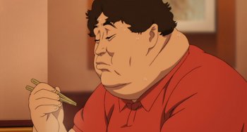 Movie still from “Paprika” (2006), directed by Satoshi Kon – An animated picture of a man eating a piece of food; Extreme Close Up shot, Low angle