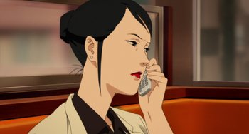 Movie still from “Paprika” (2006), directed by Satoshi Kon – An animated woman talking on a cell phone; Close Up shot, Low angle