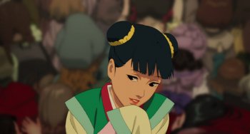 Movie still from “Paprika” (2006), directed by Satoshi Kon – An animated woman in a green and yellow outfit; Close Up shot, High angle