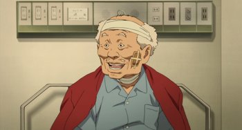Movie still from “Paprika” (2006), directed by Satoshi Kon – An old man with a bandage on his head; Medium shot, Low angle