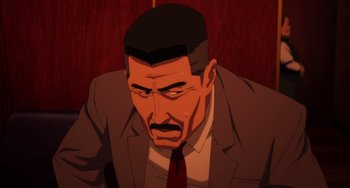 Movie still from “Paprika” (2006), directed by Satoshi Kon – An animated man in a suit and tie; Close Up shot, High angle