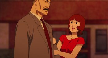Movie still from “Paprika” (2006), directed by Satoshi Kon – An animated man and a woman standing next to each other; Medium shot, Low angle
