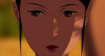 Movie still from “Paprika” (2006), directed by Satoshi Kon – The face of a woman with red lipstick; Extreme Close Up shot, Overhead angle