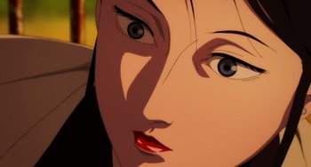 Movie still from “Paprika” (2006), directed by Satoshi Kon – View of a woman's face with red lips; Extreme Close Up shot, Over the shoulder angle